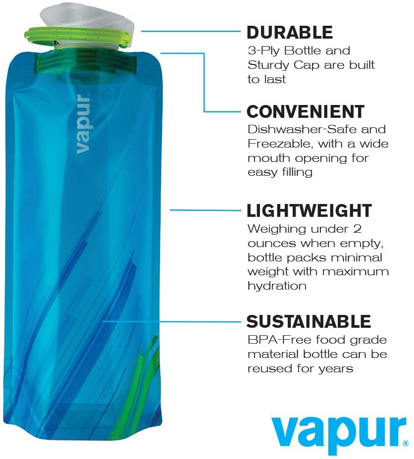 Vapur | Lightweight Folding Water Bottle With Clip Compact Travel Bottle - 1L Wide Mouth, Water Bottle, Pacific Rayne, Defiance Outdoor Gear Co.