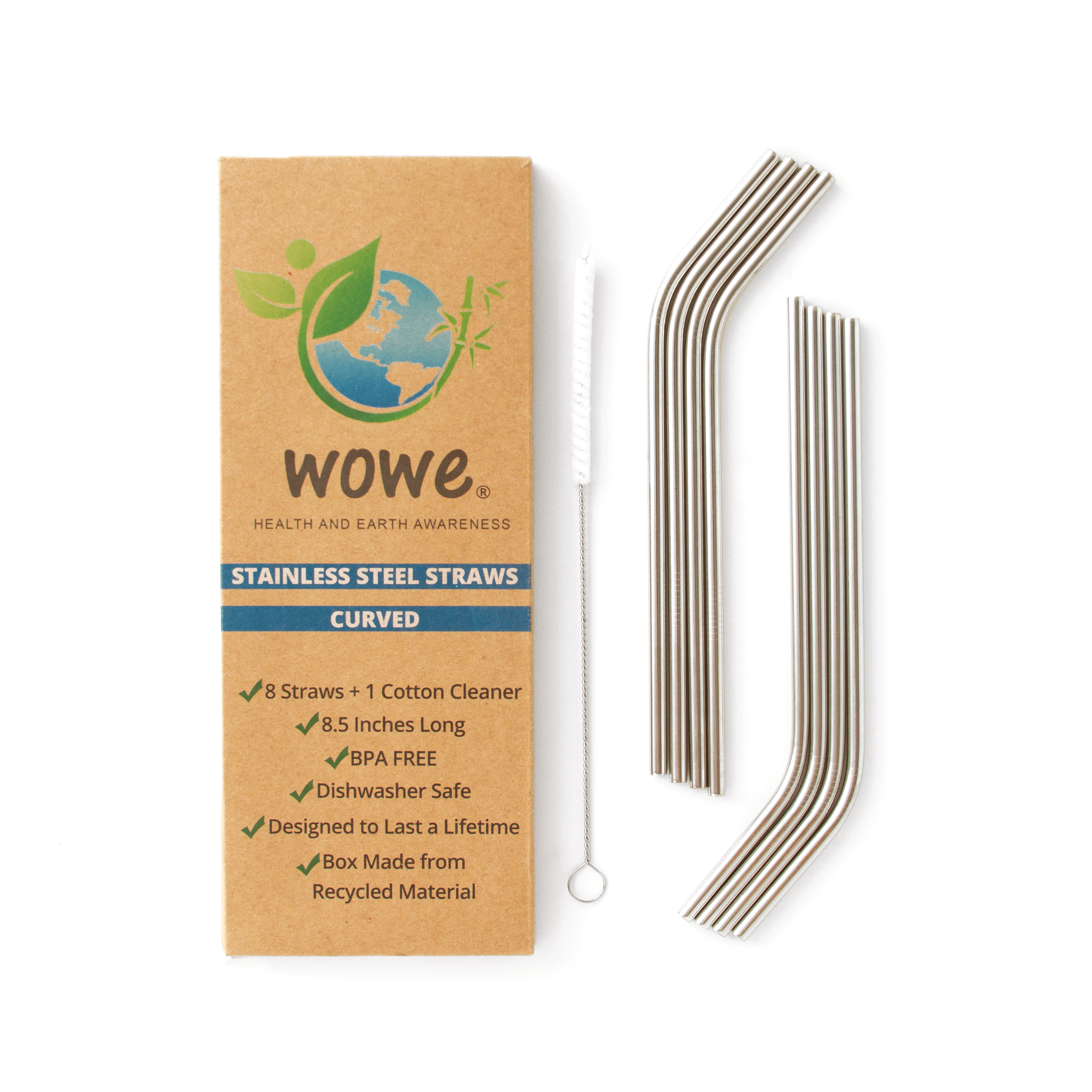 Wowe | Reusable Curved Stainless Steel  Drinking Straws With Cleaning Brush, Straws, Wowe, Defiance Outdoor Gear Co.