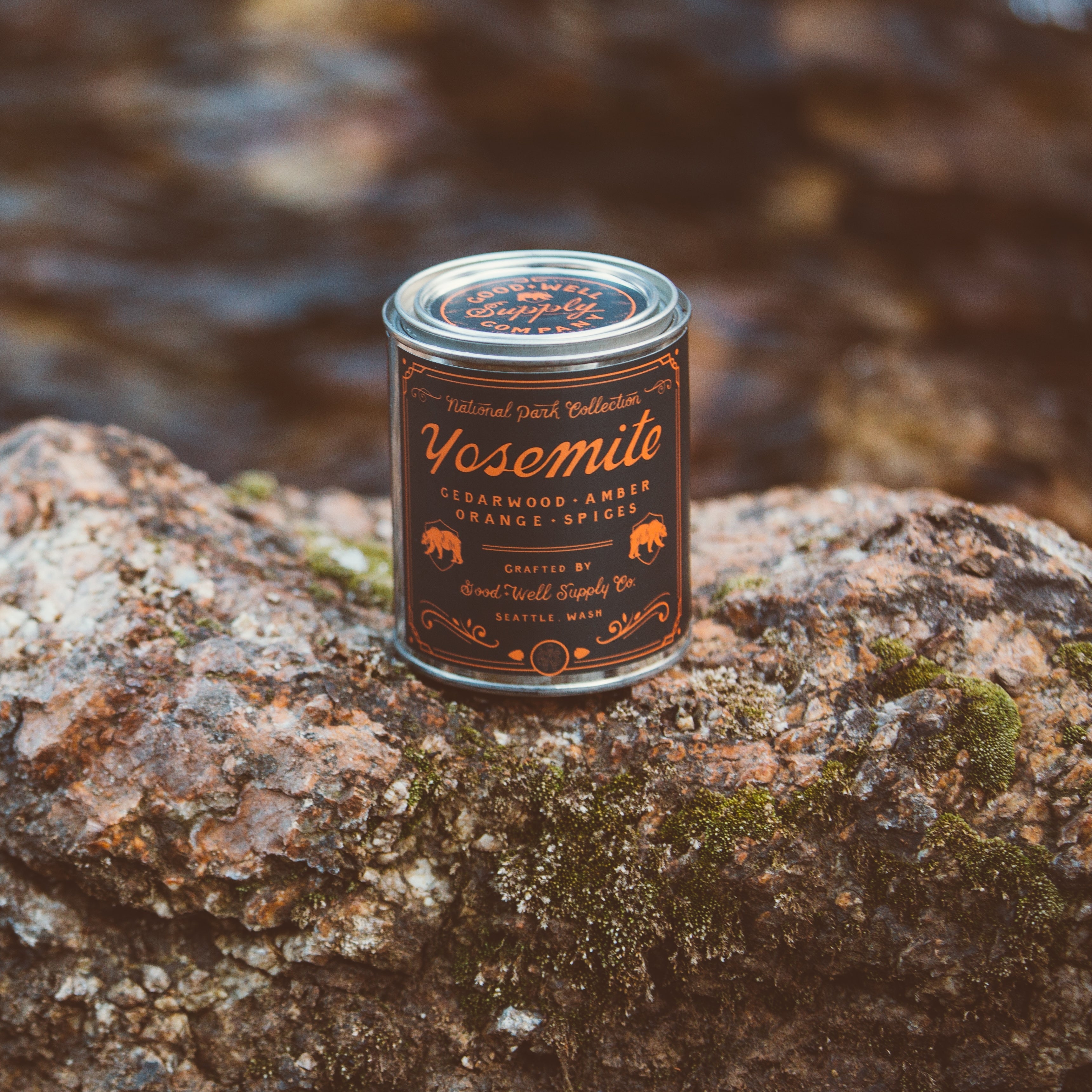 Yosemite Candle - Cedarwood, Amber, Orange & Spice 1/2 Pint With Wooden Wick, Candles, Good & Well Supply Co., Defiance Outdoor Gear Co.